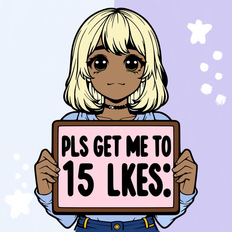 realistic girl holding up a sign that says “pls get me to 15 likes!”