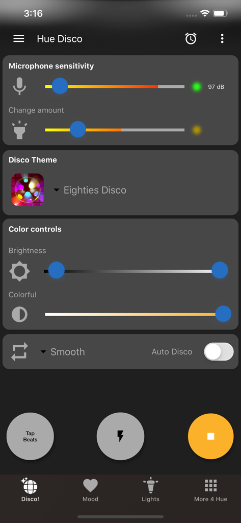 Hue Disco - User interface of the Hue Disco app showing microphone sensitivity sliders and color control settings for music synced lighting
