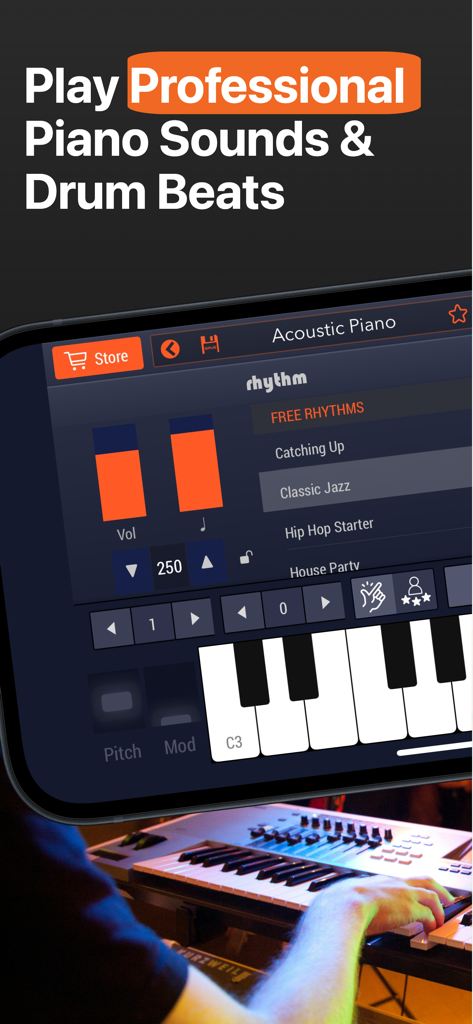 Piano Pro & Drum Music Studio - Professional piano and drum music studio app interface on a smartphone screen showing rhythm settings and keys