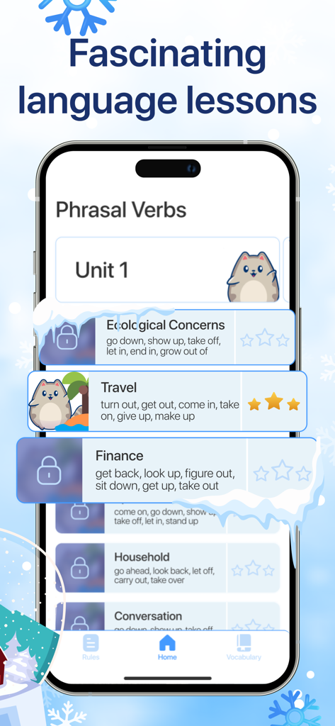 Phrasal Verb App: Learn + Play - A mobile app interface displaying English phrasal verb lessons organized by topics like travel finance and conversation