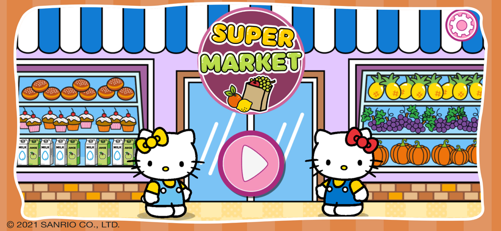 Hello Kitty: Supermarket Game - Hello Kitty characters standing in front of a colorful supermarket storefront with a play button