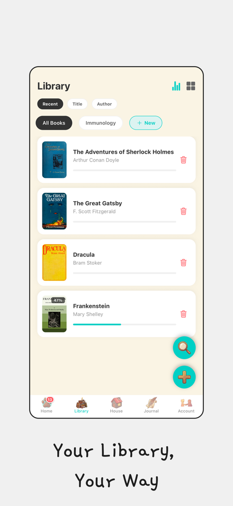 Library interface of the epup gamified e-reader app showing a list of books and reading progress