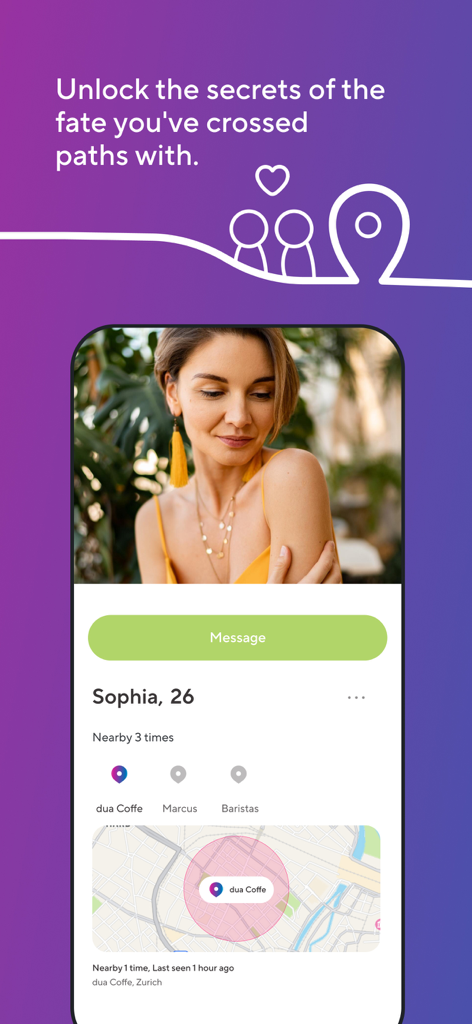 Spotted dating app screen showing a user profile and shared location map