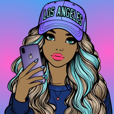 realistic beautiful girl wearing los ángeles cap holding an iphone
