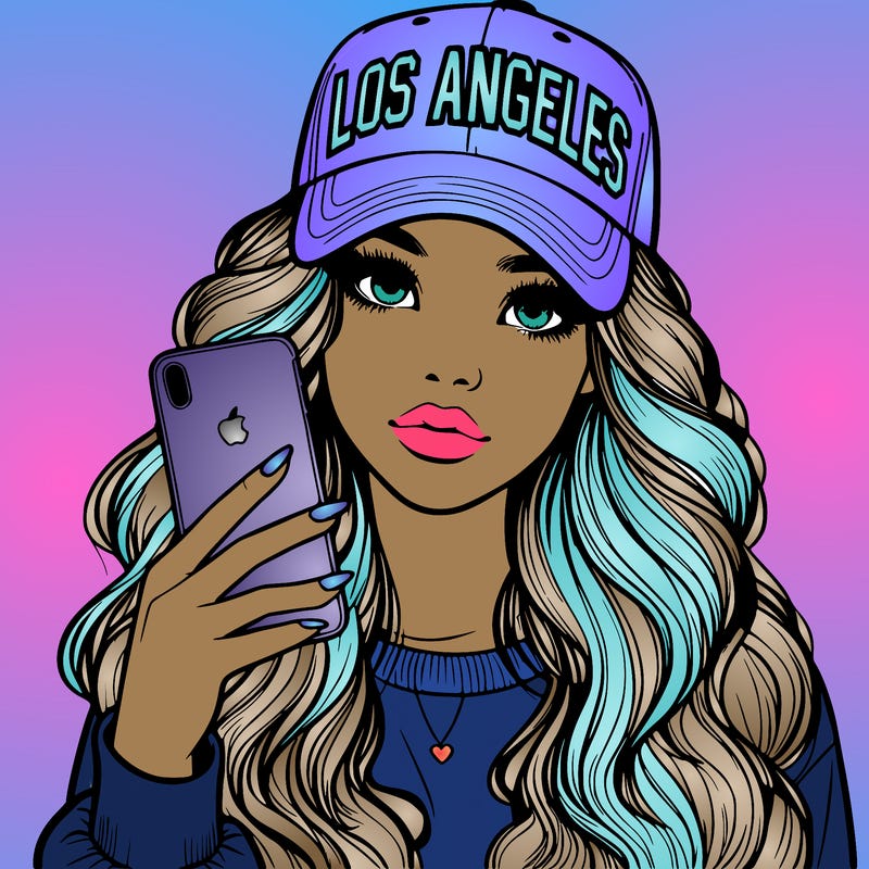 realistic beautiful girl wearing los ángeles cap holding an iphone