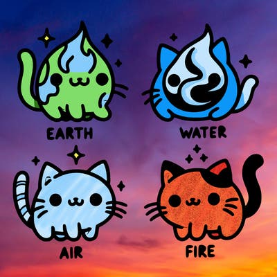 4 cats that represent the different elements, earth, water, air, and fire