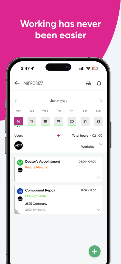 Microbizz 3 - Microbizz 3 app interface showing a daily calendar with work tasks and appointments