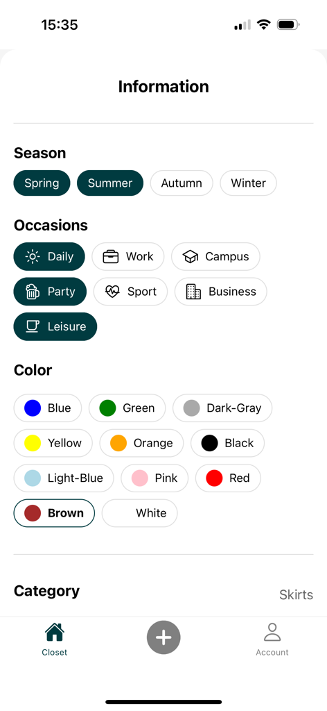My AI Closet - My AI Closet app interface for selecting clothing season occasion and color