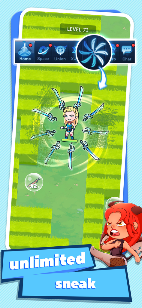 X-Hero gameplay screen showing a hero surrounded by flying swords in a casual puzzle level.