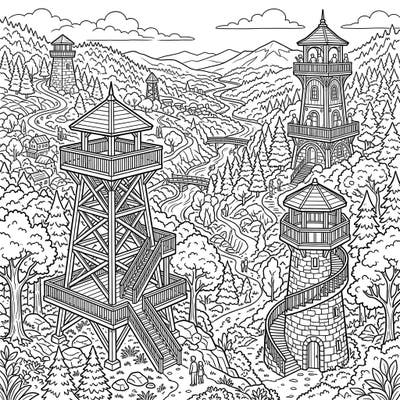 Embark on a creative journey with this captivating coloring page featuring magnificent observation towers nestled in a scenic landscape. Designed with clear outlines and engaging detail, it offers a wonderfully relaxing activity tailored for seniors.