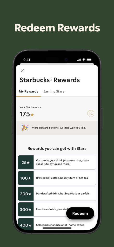 The Starbucks app Rewards screen showing star balance and redeemable items