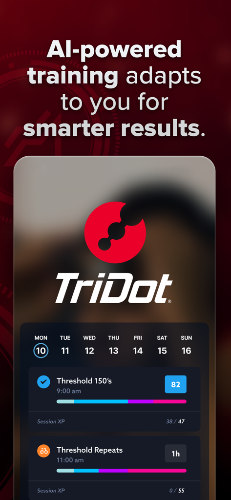 TriDot Triathlon Training - TriDot dashboard displaying AI-powered adaptive triathlon training sessions and weekly schedule