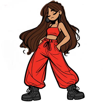 girl in baggy pants crop top and long hair