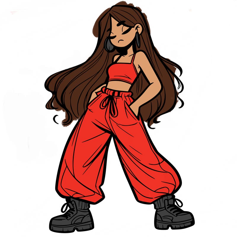 girl in baggy pants crop top and long hair