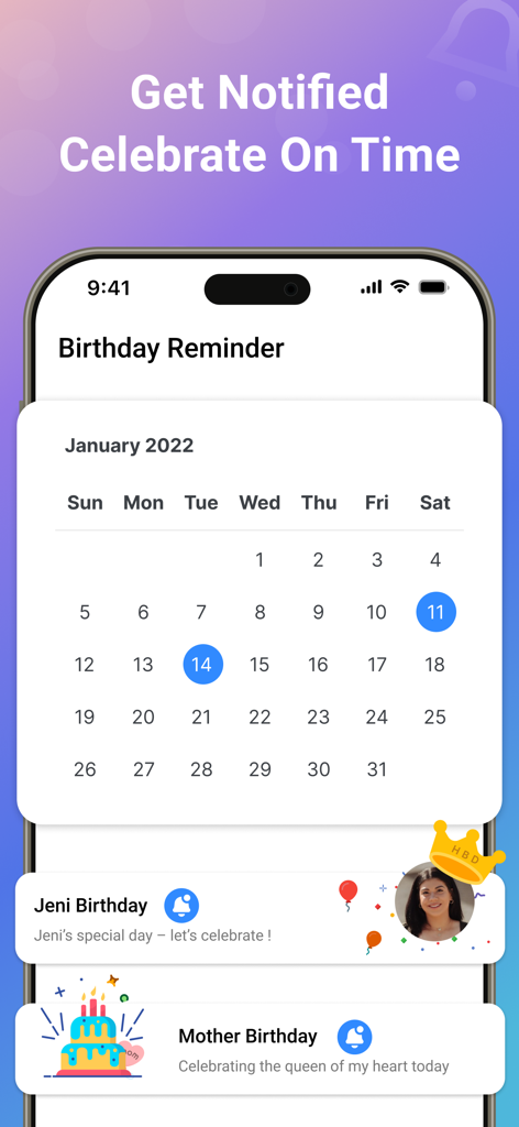 Notisave : History Log - Birthday reminder interface with a calendar view and scheduled notifications for Jeni and Mother birthdays