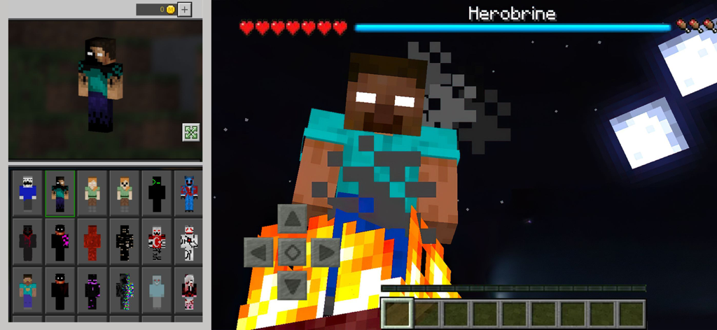 Minecraft character skin selector and Herobrine boss encounter in the DarkCraft app