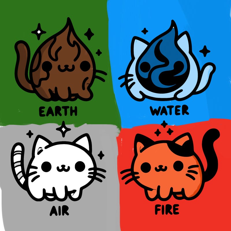 4 cats that represent the different elements, earth, water, air, and fire