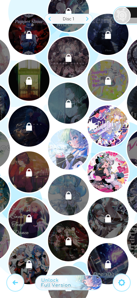 Rizline - Gitter aus animierten Song-Illustrationen mit Schloss-Symbolen im Rizline Musikspiel