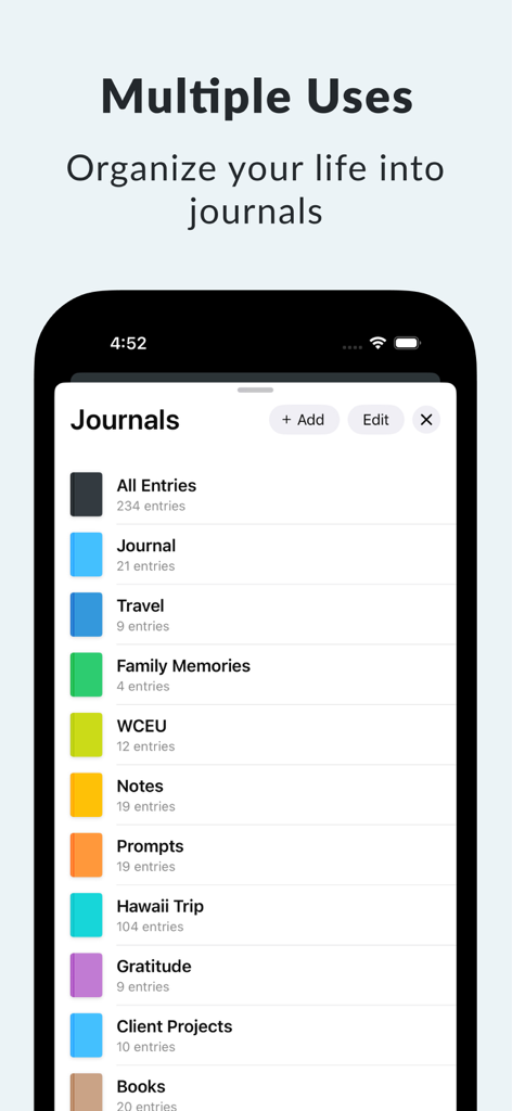 Day One: Daily Journal & Diary - The Day One app screen showing several personalized journal categories like Travel and Gratitude