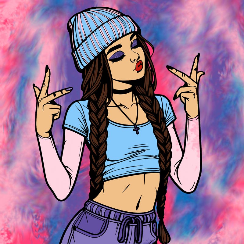 realistic teenage girl with braids and a beanie and crop top doing 🫶🏼