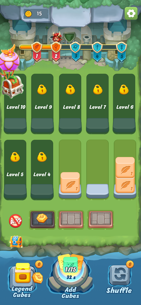 Cube Legend: Sort and Merge - Gameplay screen of Cube Legend showing a grid with orange feather cubes and locked levels