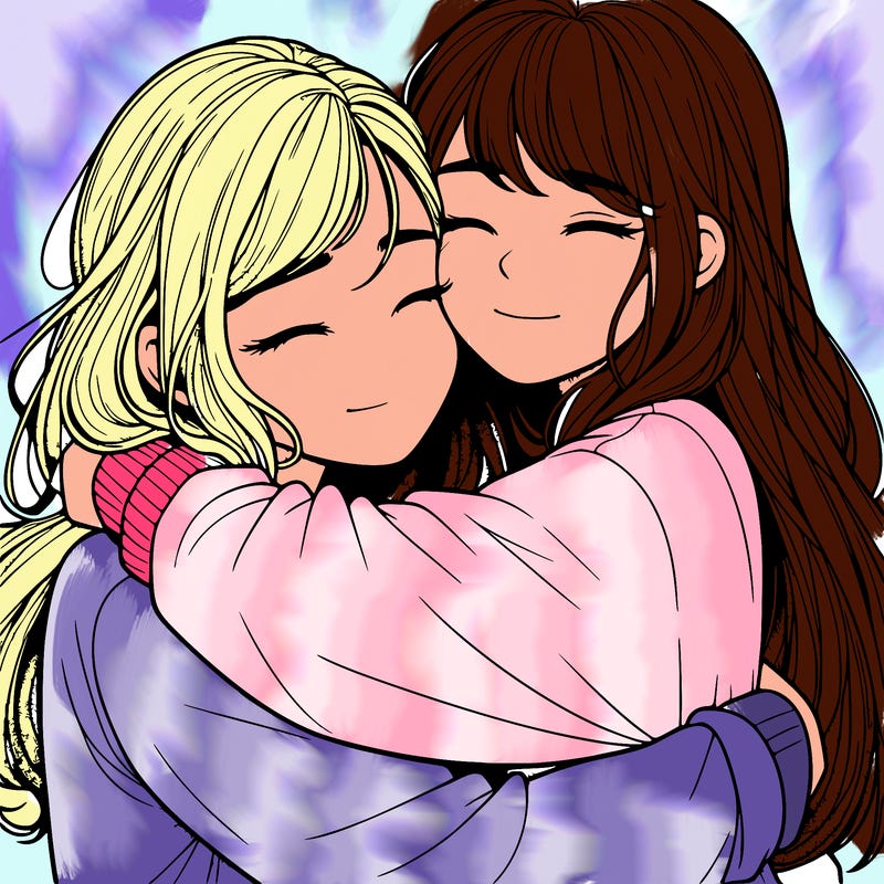 realistic two girls hugging