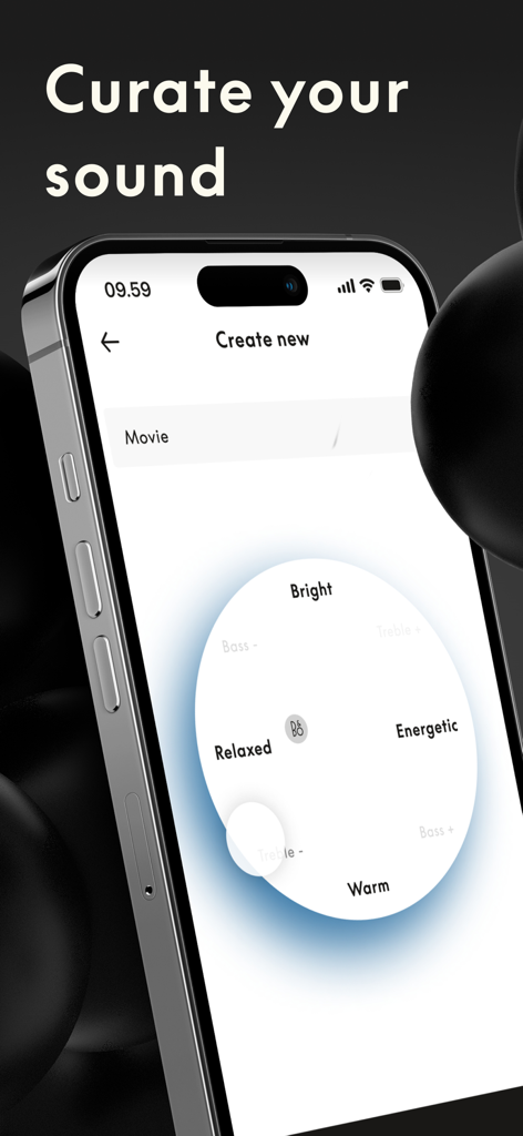Interfaz de la aplicación Bang and Olufsen que muestra el ecualizador de sonido circular Beosonic para personalizar perfiles de audio