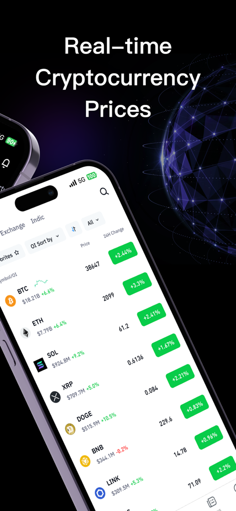 CoinGlass - Bitcoin & Crypto - Smartphone screen showing the CoinGlass app with real-time cryptocurrency prices and 24h market performance.