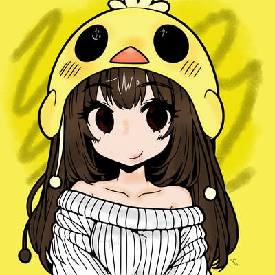 anime girl with chick shaped hat with sweater with bare shoulders with bangs covering them one eye with low tail