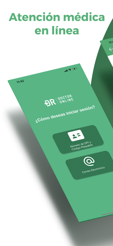 Doctor Online - Tela de login do aplicativo Doctor Online em espanhol mostrando opções para entrar com ID ou e-mail.