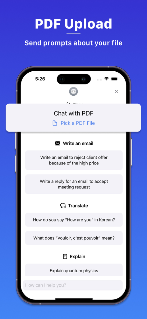 AI Chat - Ask Bot Assistant - AIチャットアプリ画面。PDFアップロードとメール作成機能を表示しています。