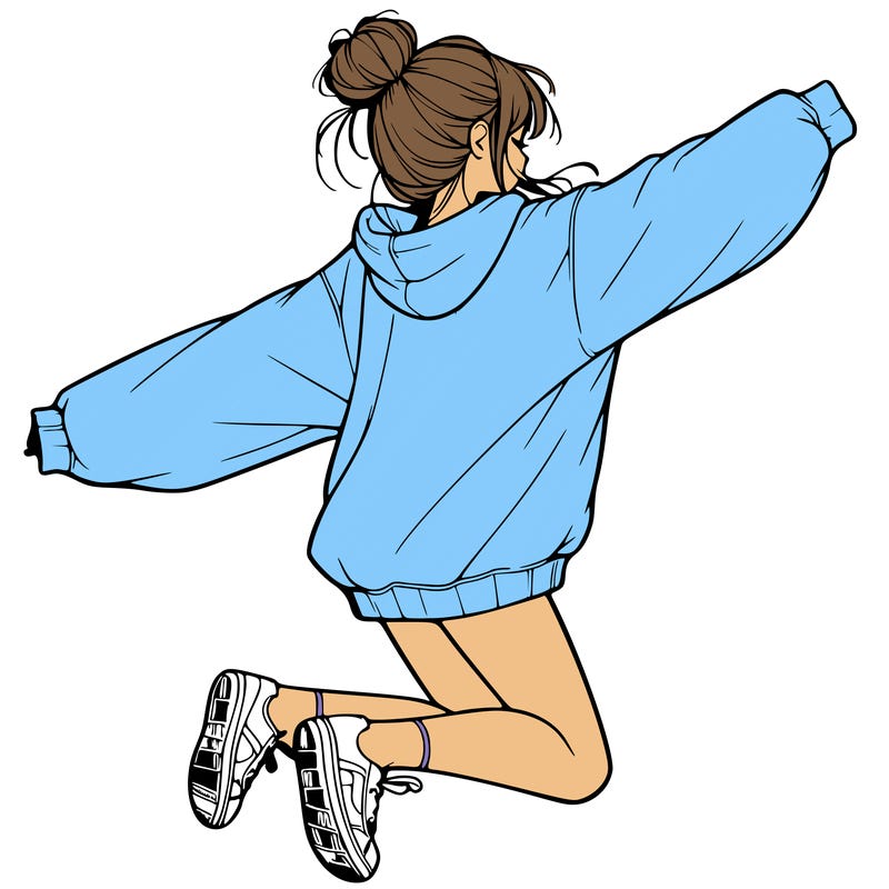 realistic girl jumping with a bun and oversized sweatshirt