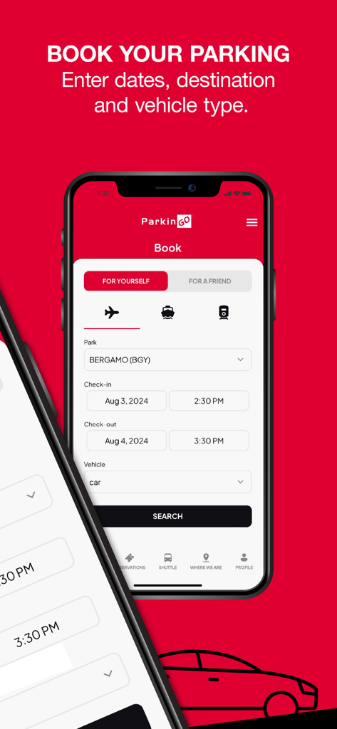ParkinGO - ParkinGO app interface for booking airport parking with check in and check out dates
