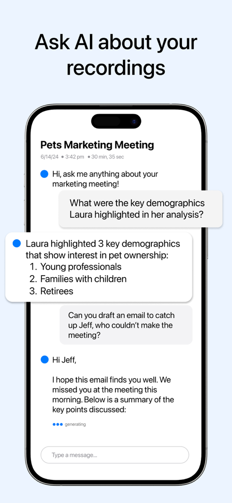 AI meeting assistant chat interface for summarizing and drafting follow up emails