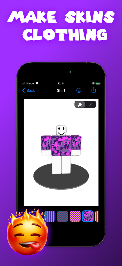 Oberfläche der Roblox-Skin-Maker-App, die ein benutzerdefiniertes Hemddesign auf einer Avatar zeigt
