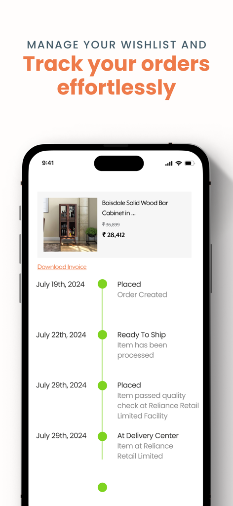 Urban Ladder - Interfaz de la aplicación móvil Urban Ladder para rastrear pedidos de muebles con un cronograma de entrega detallado.