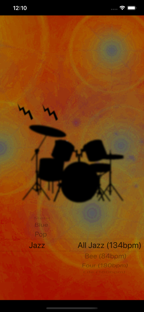 Screen showing the Drum Loop app with a jazz drum pattern selected at 134 BPM.