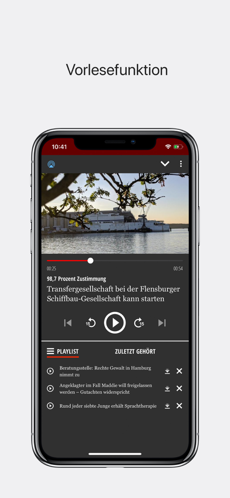 Smartphone-Bildschirm, der den Audioplayer und die Vorlesefunktion in der sh:z News App anzeigt