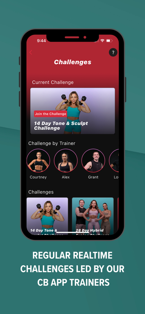 Courtney Black Fitness - Interface of the Courtney Black Fitness app displaying various workout challenges led by different personal trainers.