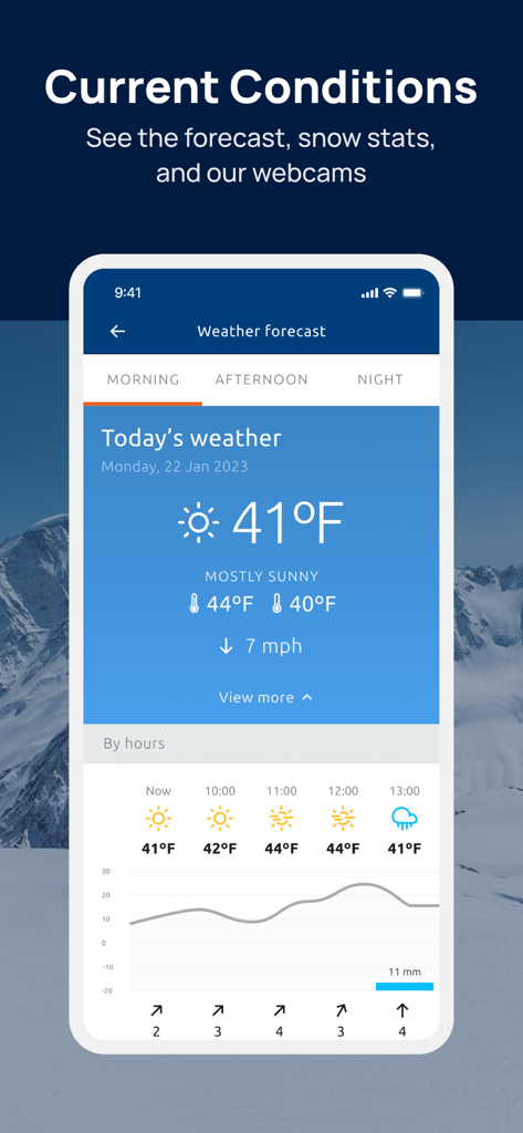 Cypress Mountain app interface showing current weather forecast and mountain conditions
