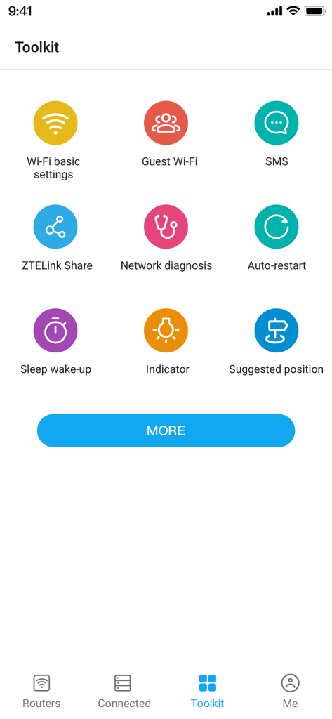 ZTELink - ZTELink app toolkit menu featuring Wi-Fi settings, network diagnosis, and guest network management options.