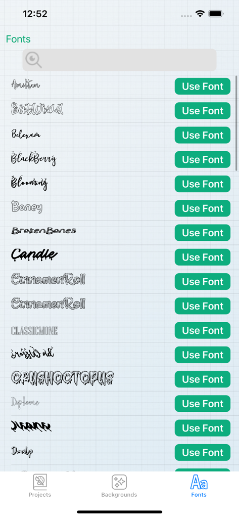 Monograms for Cricut - A library of decorative and script fonts available in the Monograms for Cricut app with use font buttons.