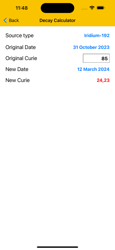 Decay calculator screen in the Gamma Calculator Pro app showing activity calculation for Iridium-192