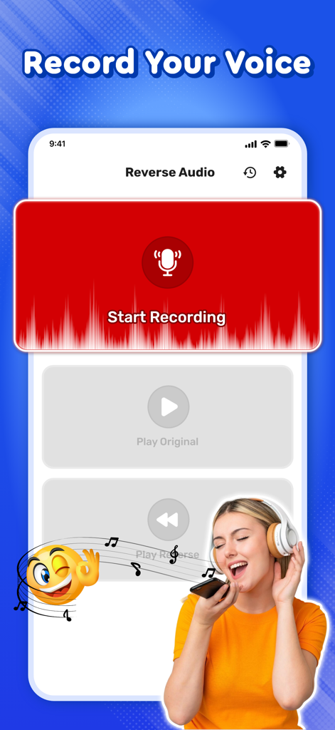 App interface for Reverse Singing Challenge Fun showing the voice recording screen and a girl with headphones singing into her phone
