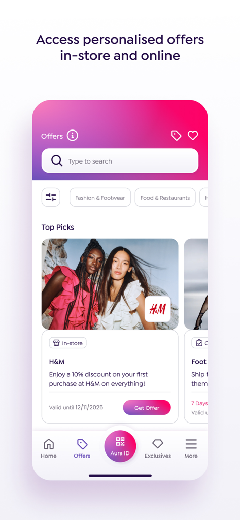 Aura MENA - Aura MENA loyalty app interface showing personalized fashion and dining offers with brand categories