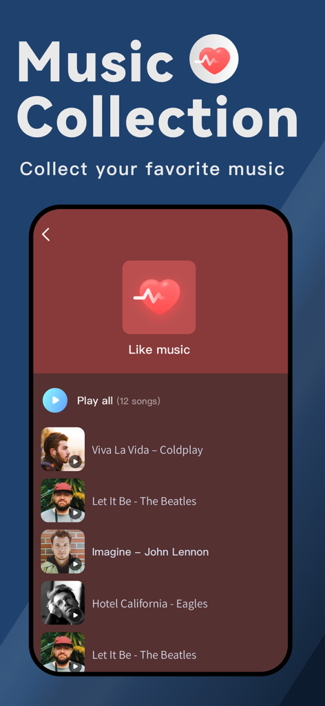 Music Recognition- Song Finder - A music collection screen in the song finder app displaying a list of liked songs