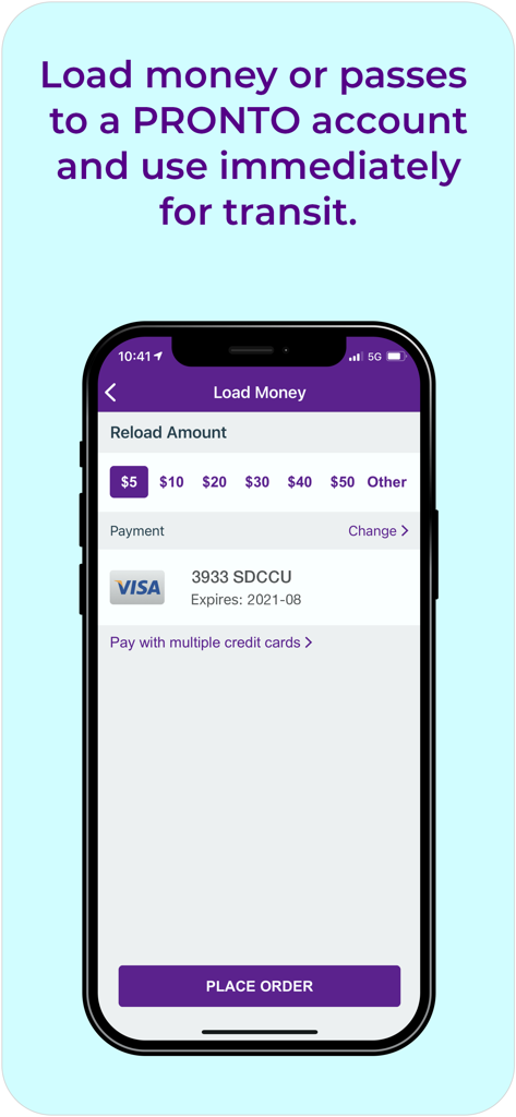 Pronto - San Diego - Interface para adicionar fundos a uma conta de transporte Pronto San Diego