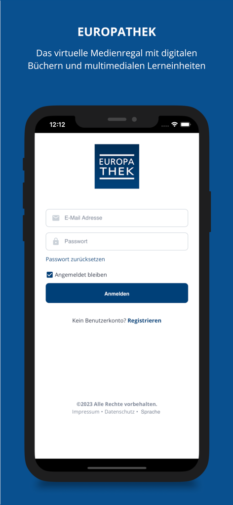 Anmeldebildschirm der EUROPATHEK-App für die deutsche Berufsausbildung und technische Medien