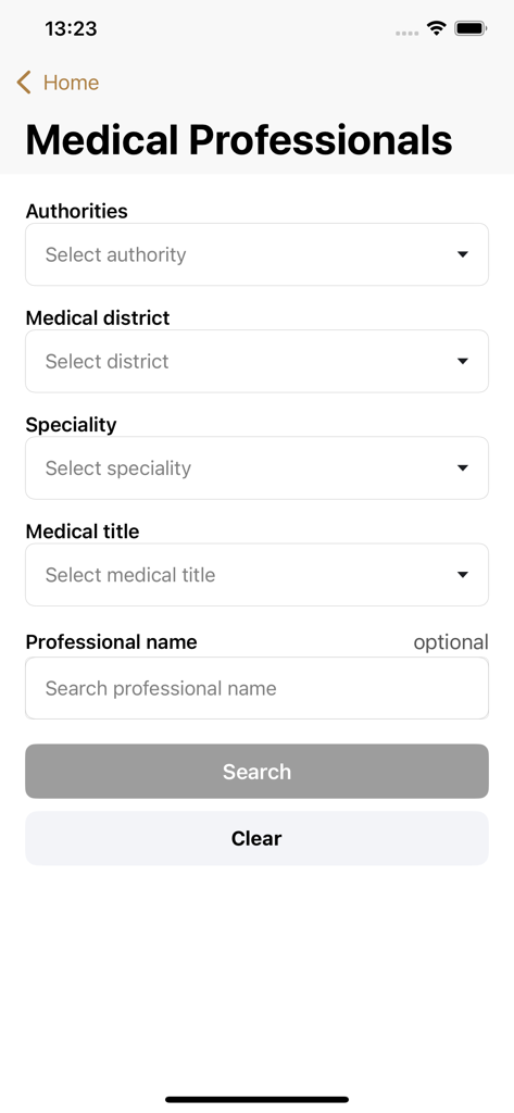 MOHAP - Search screen for medical professionals in the MOHAP app with filters for authority district and specialty