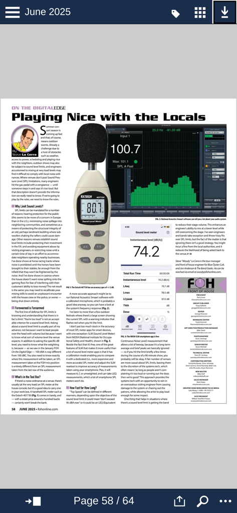 FRONT of HOUSE (FOH) Magazine - Ein technischer Artikel über Schallpegelmanagement im digitalen Magazin FOH im FRONT of HOUSE.
